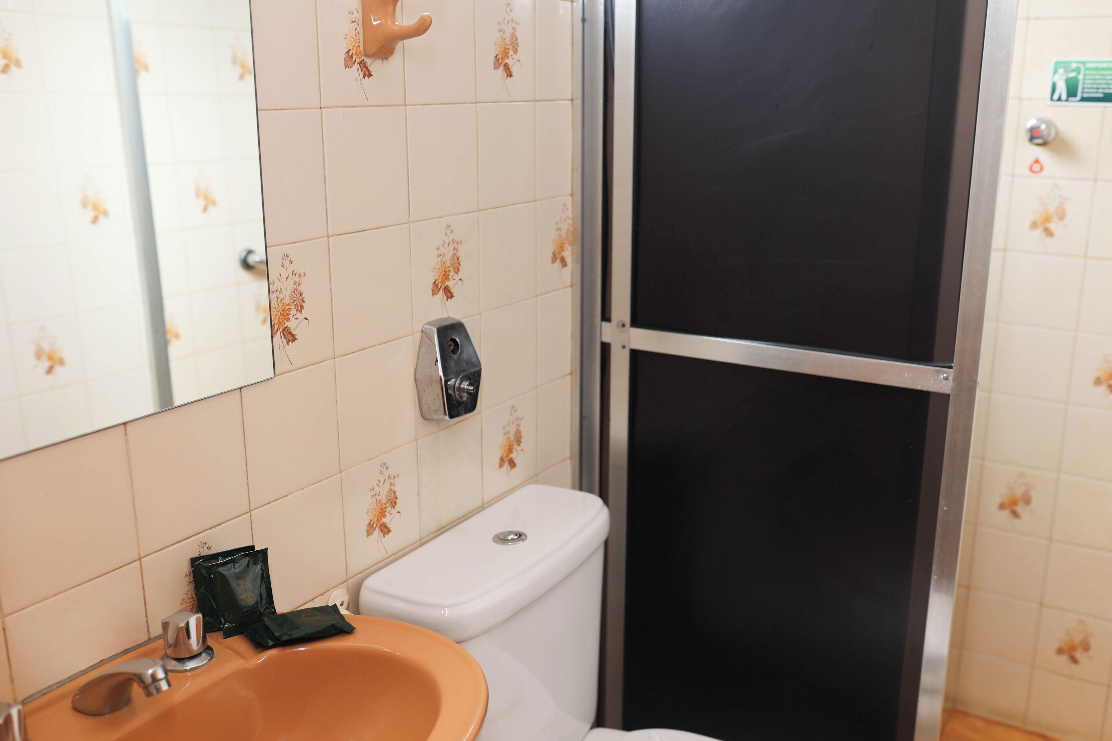 Ein Badezimmer mit Waschbecken, Toilette und Duschbereich.