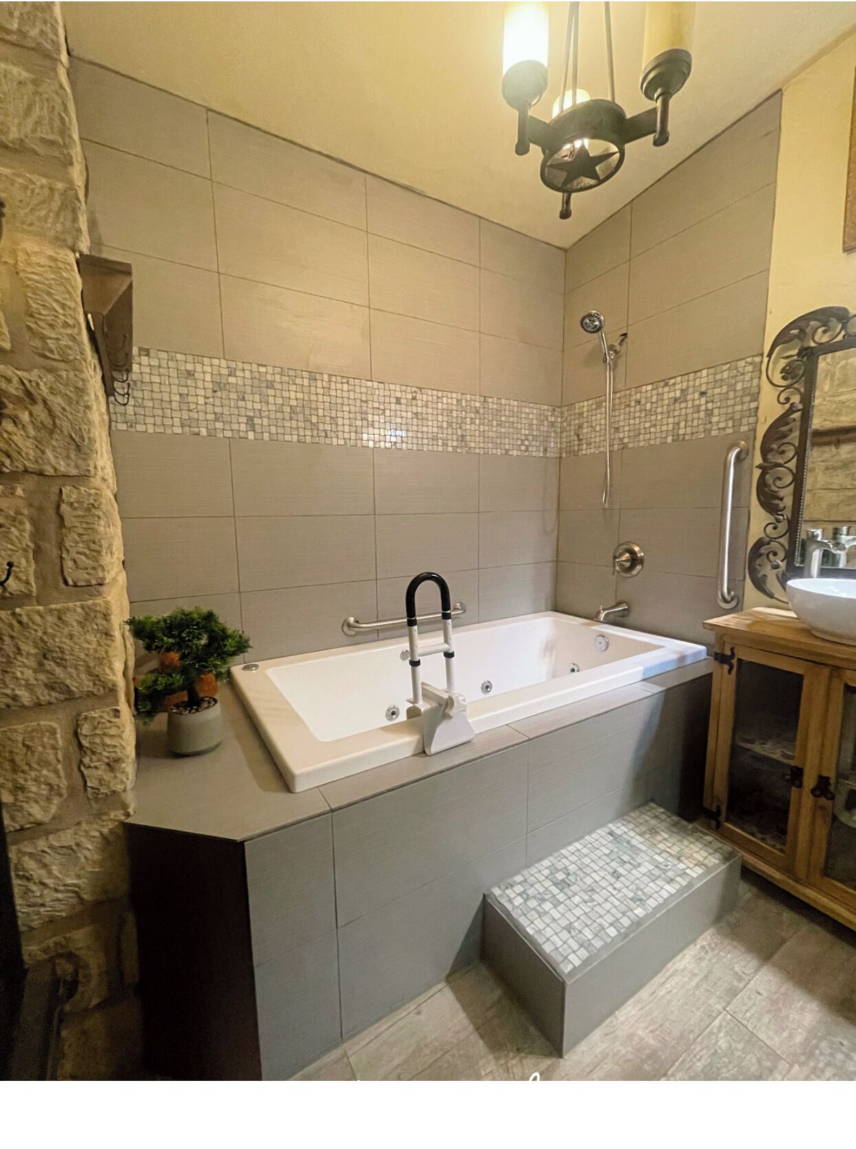 Combined shower/bathtub, jetted bath, hair dryer, bidet