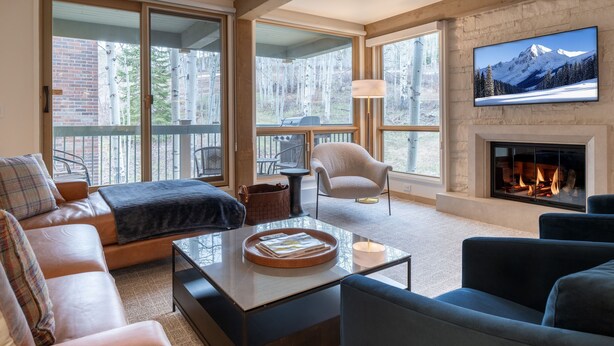 A modern living room with a fireplace, large windows, and a television.