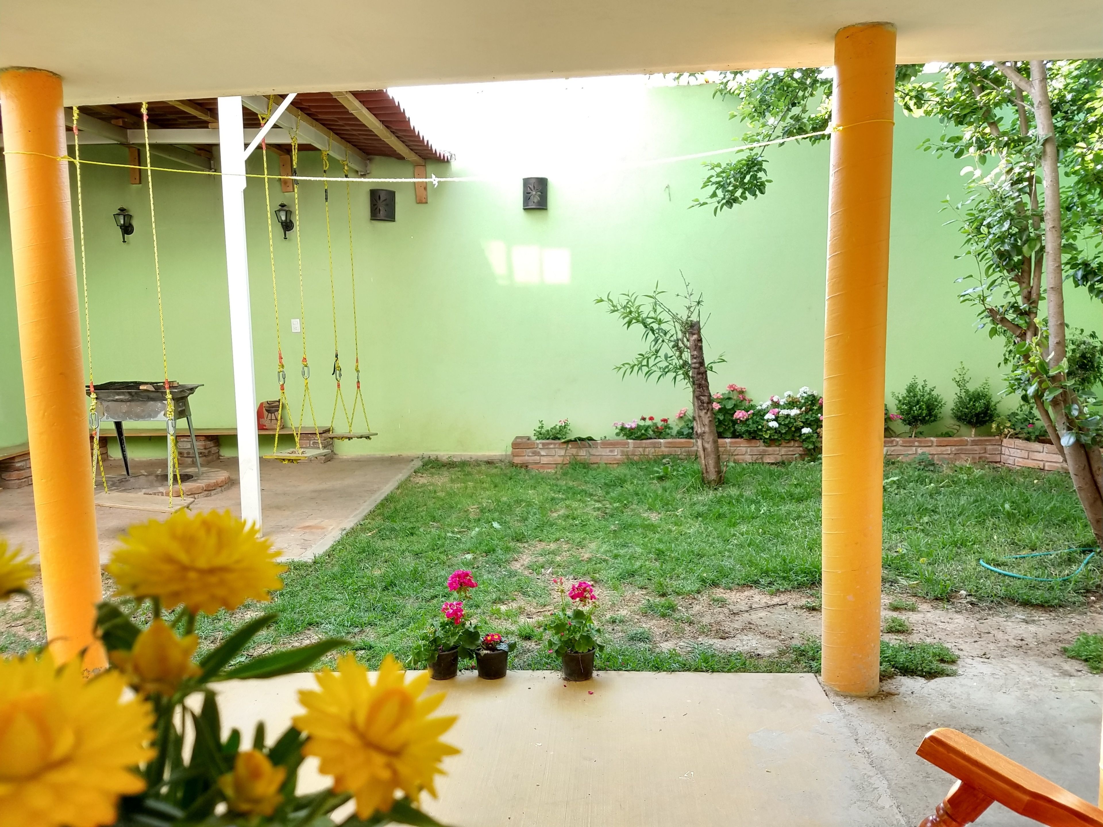 Un espacio exterior cubierto con un columpio, una carretilla y plantas en macetas.