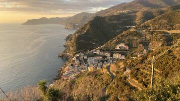 Un pueblo costero con edificios en una ladera con vistas al mar.