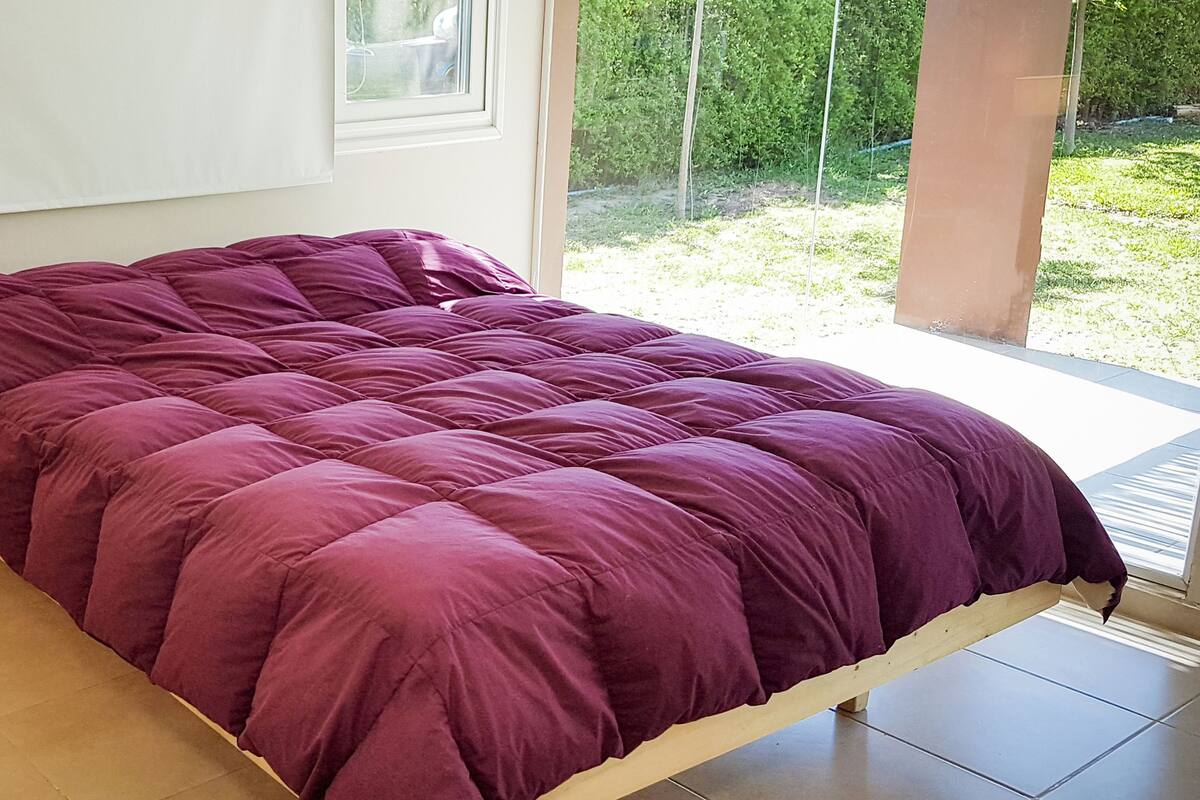 A bedroom with a purple bedspread, a bedside table with a lamp, and a window with a view of greenery outside.