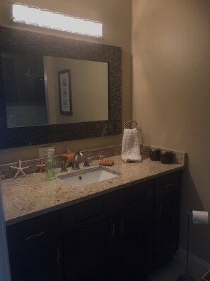 Combined shower/bathtub, hair dryer, towels