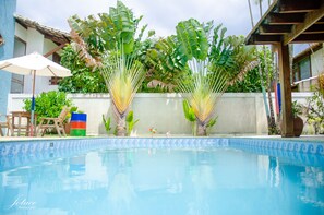 Outdoor pool, pool umbrellas, pool loungers