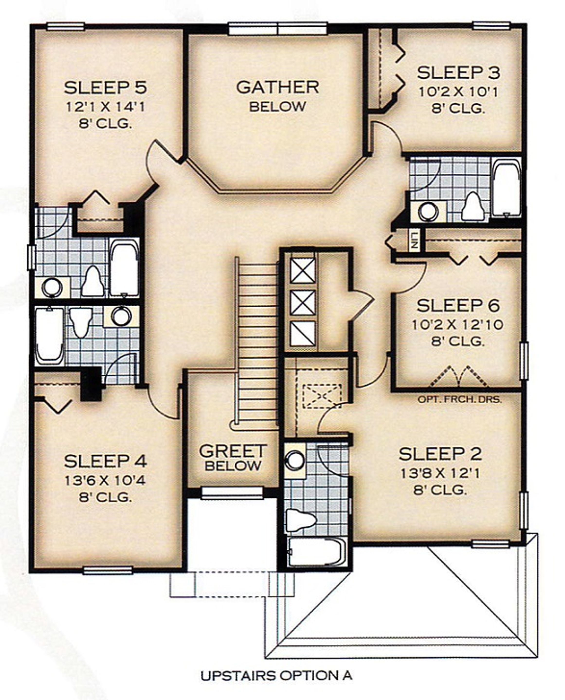 Planta baixa com seis quartos, um espaço de convivência e um quarto de hóspedes.