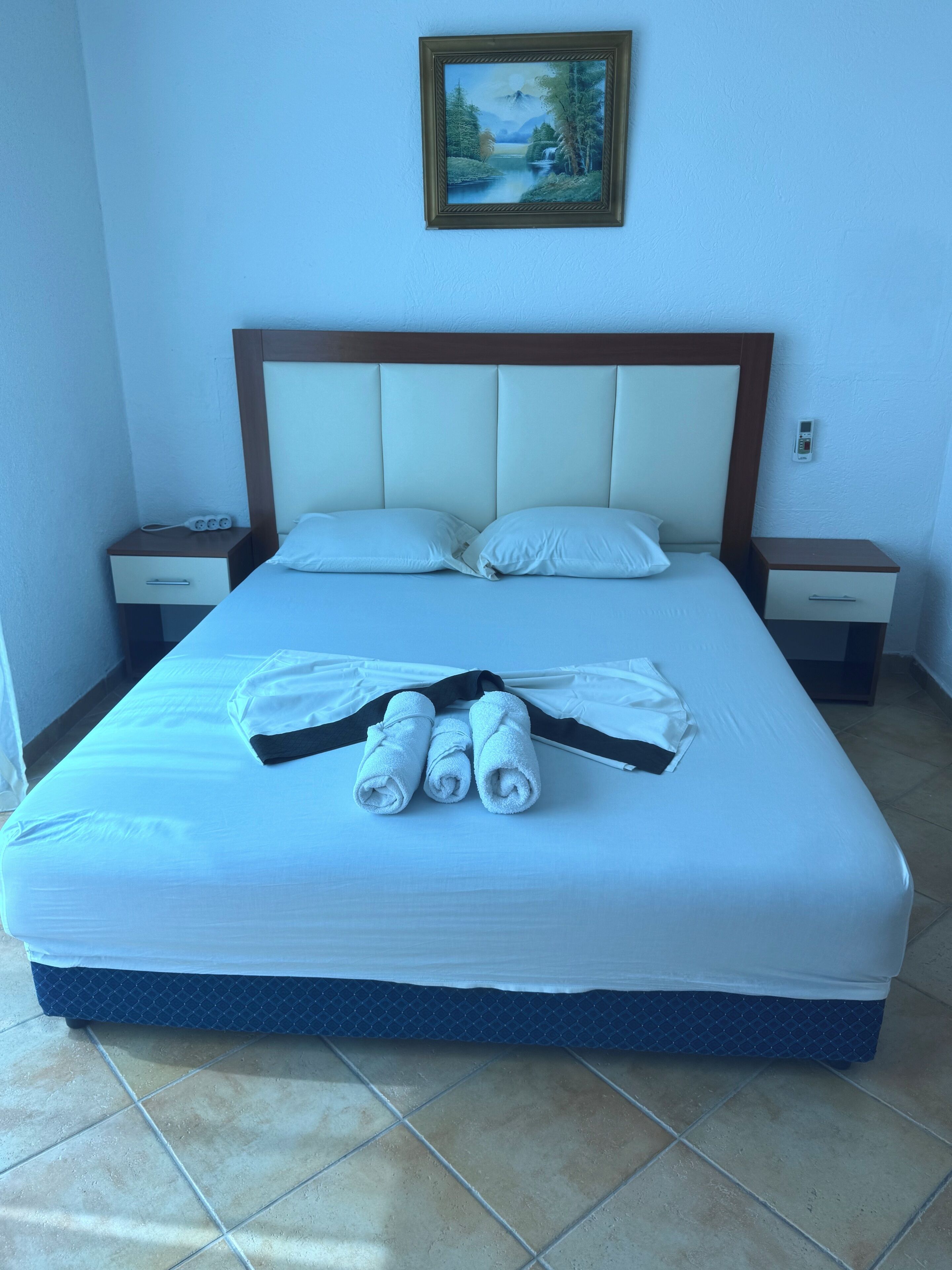 Una cama bien hecha con ropa blanca, un cabecero y un cuadro sobre ella. Hay dos mesitas de noche, una con un teléfono y una lámpara, y la otra con un cajón.