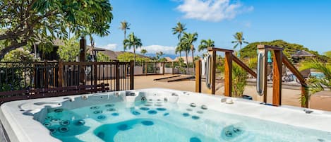A hot tub with a clear blue pool, surrounded by a wooden fence, palm trees, and a clear sky.