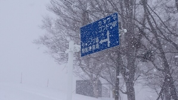Un letrero azul con texto blanco, parcialmente cubierto por copos de nieve.