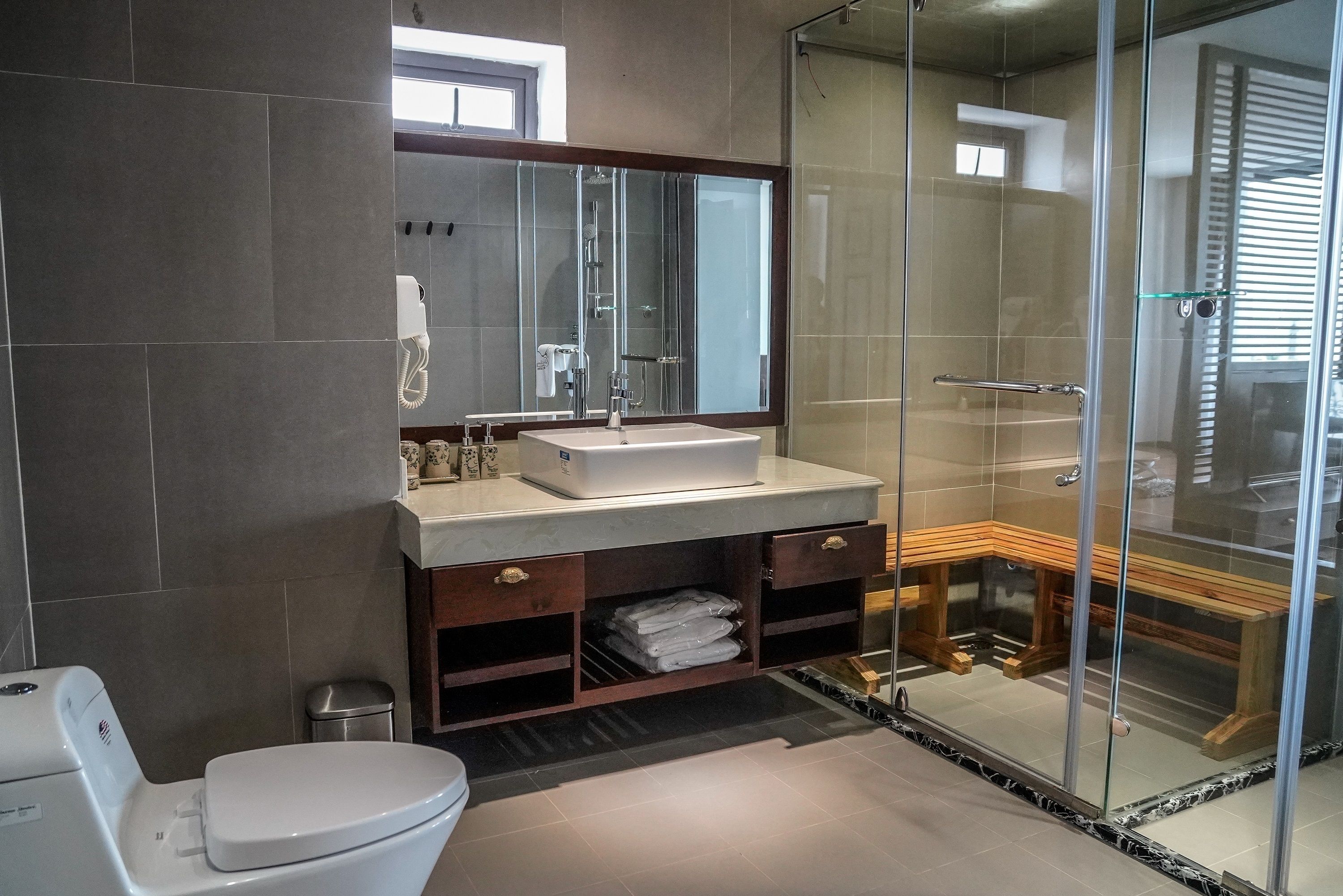 shower, free toiletries, hair dryer, bathrobes