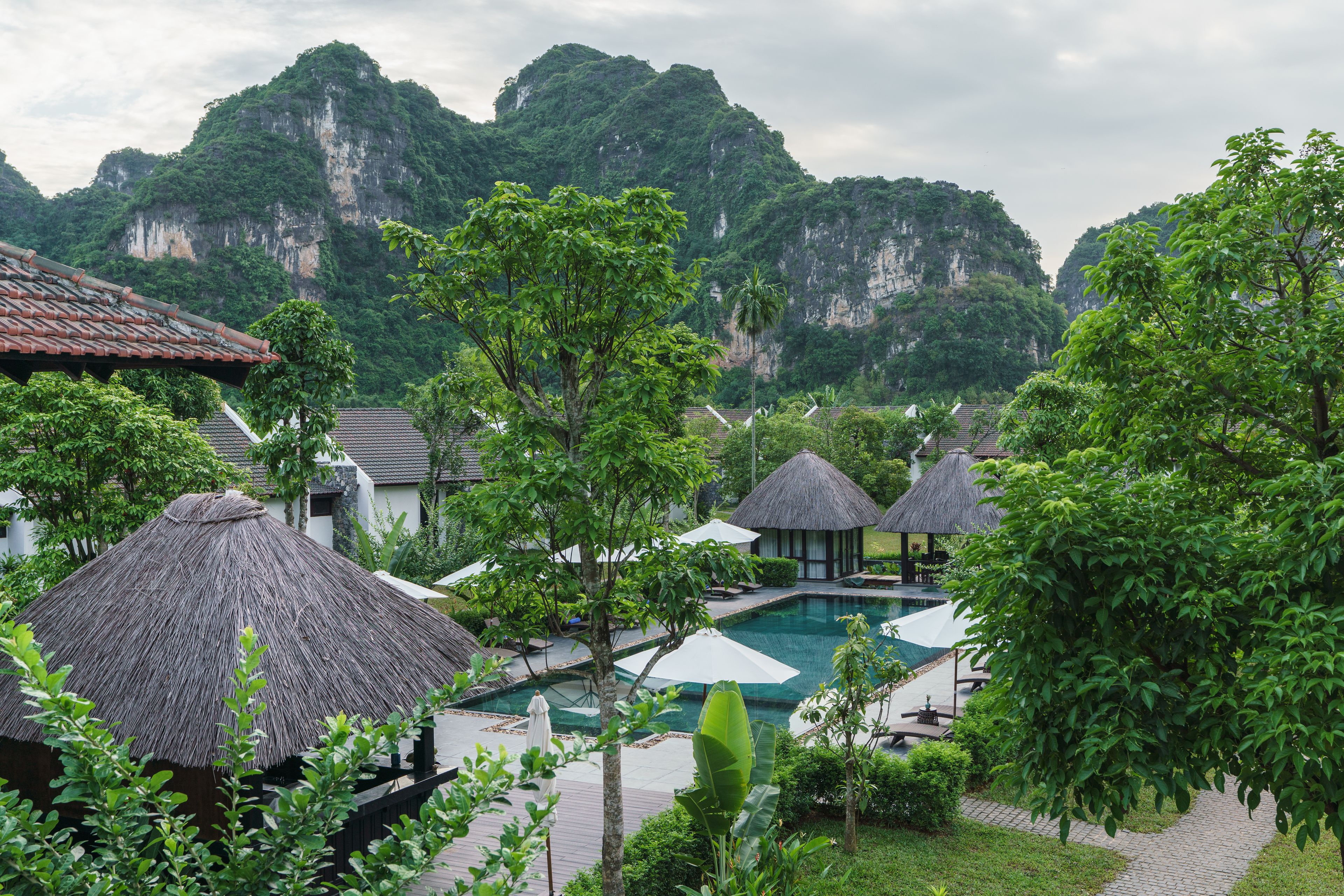outdoor pool, pool loungers