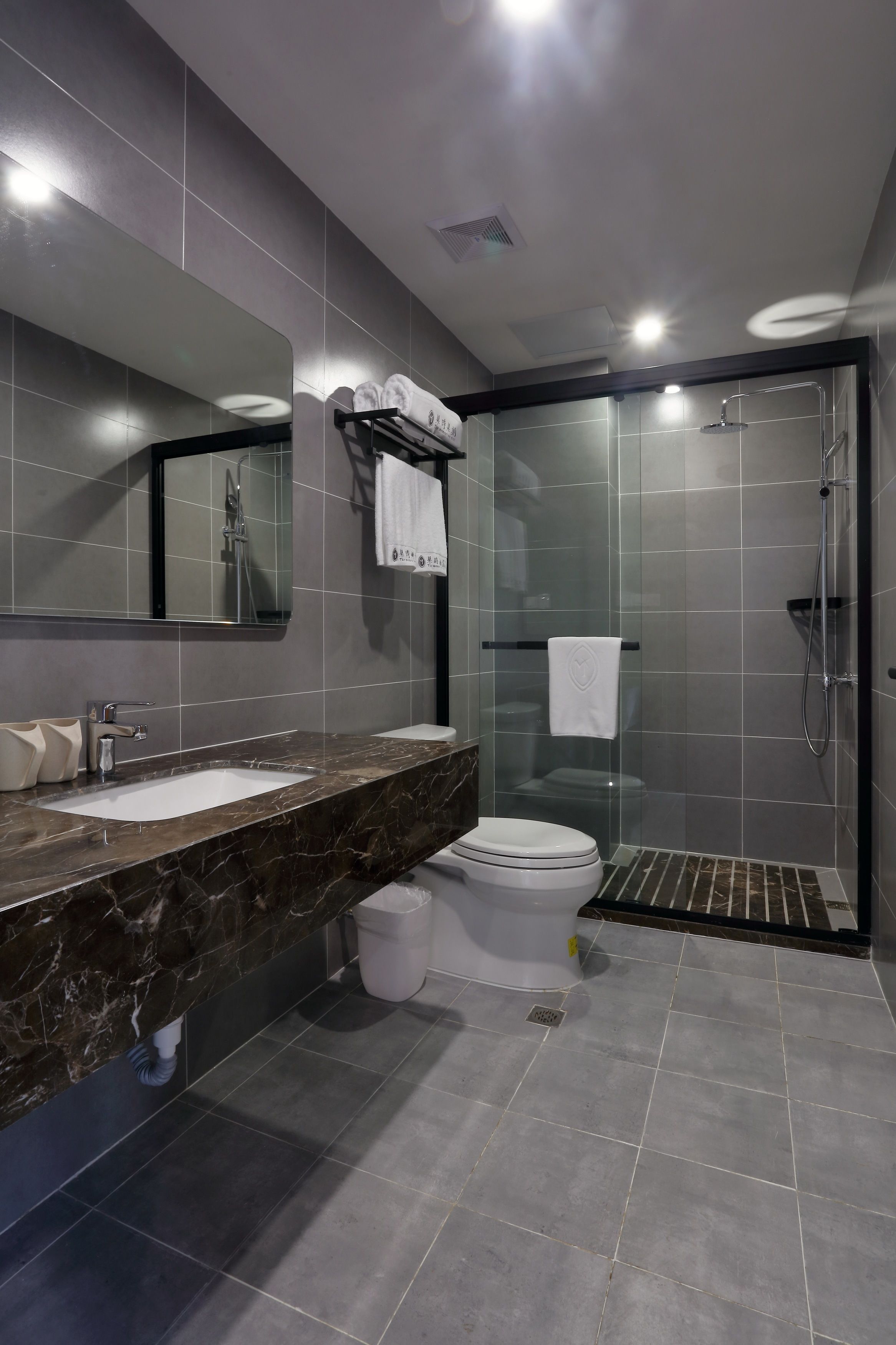 A modern bathroom with a marble sink, a toilet, a glass-enclosed shower, and a large mirror.