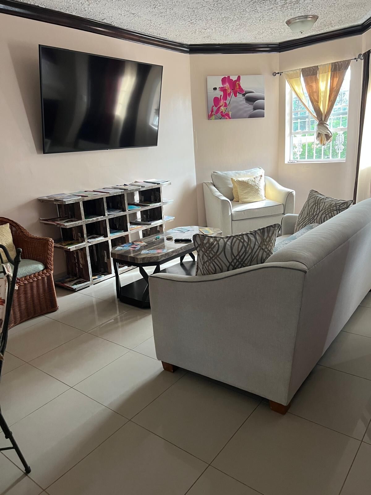 A living room with a flat-screen TV, a bookshelf, a white sofa, a wicker chair, and a window with curtains.