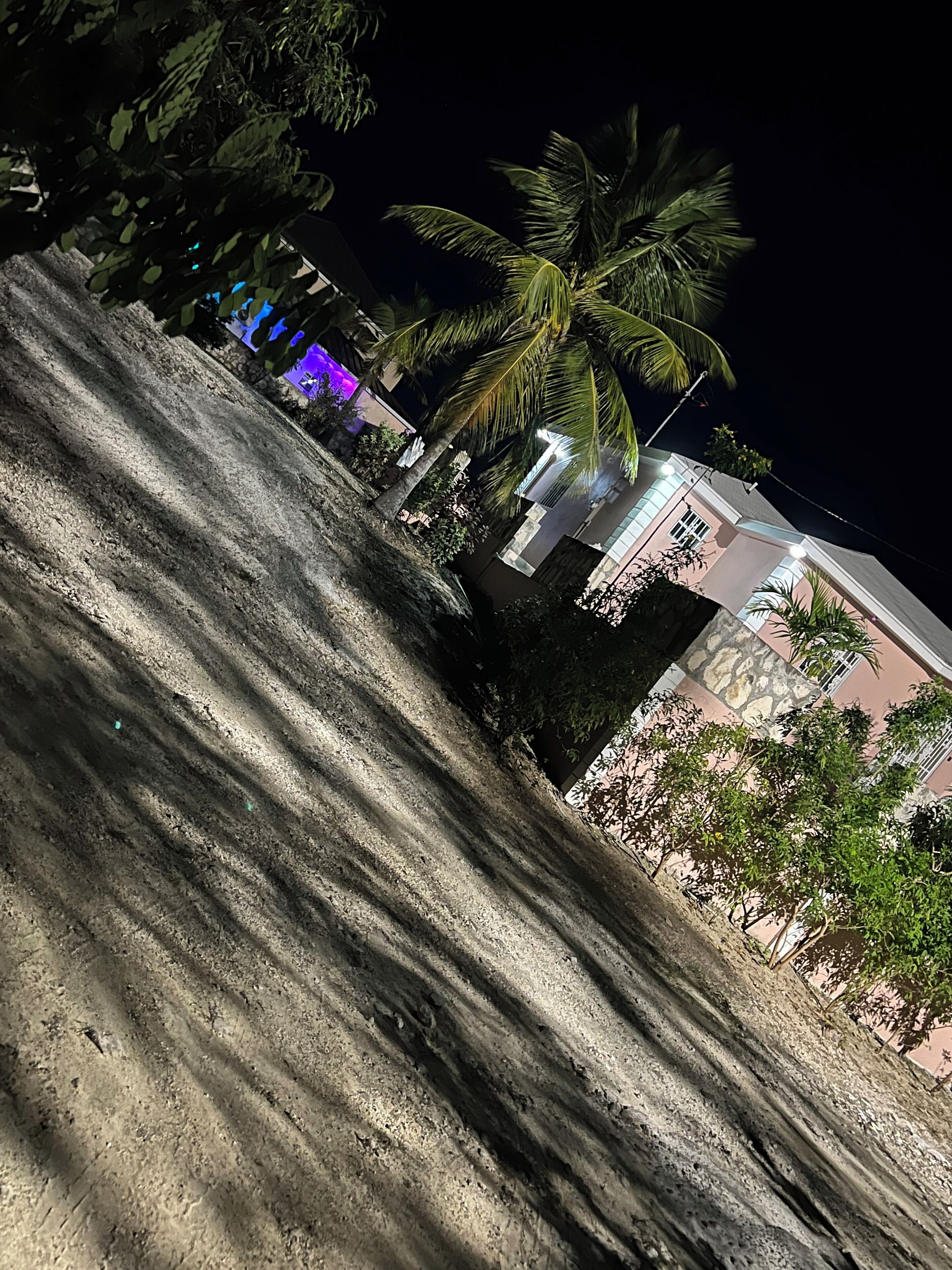 A nighttime view of a building with a sloped roof, palm trees, and a dirt path.