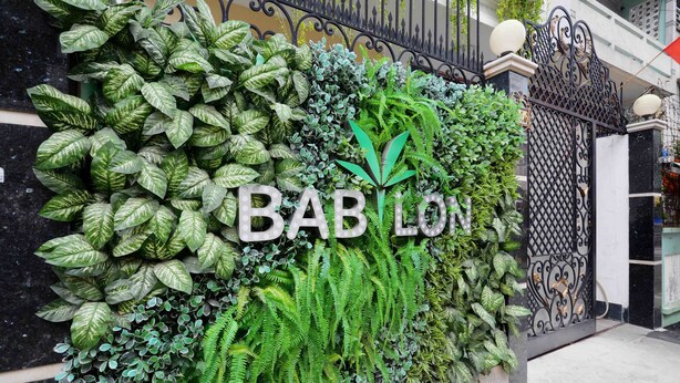 Un mur orné de différentes plantes vertes et sur lequel est inscrit le mot « BABILON » en grandes lettres.