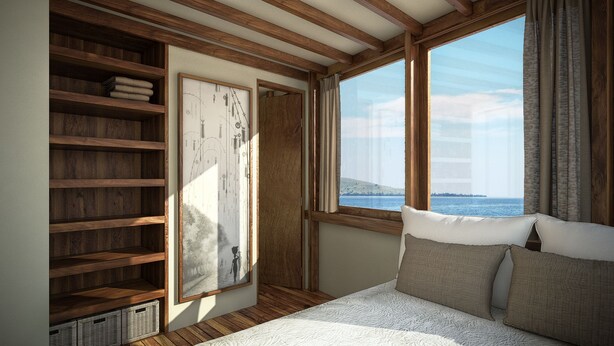 A bedroom with a large window, wooden beams, a bed with pillows, and a wall-mounted shelf with folded towels. - Perjuangan Boat 2 (Labuan Bajo)