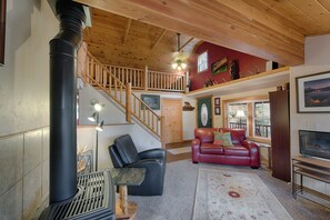 Smart TV, caminetto, lettore DVD, libri