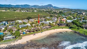 An aerial view of a coastal residential area with houses, a beach, and mountains in the background.