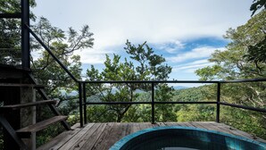 Terraza de madera con piscina, rodeada de barandas metálicas y árboles.