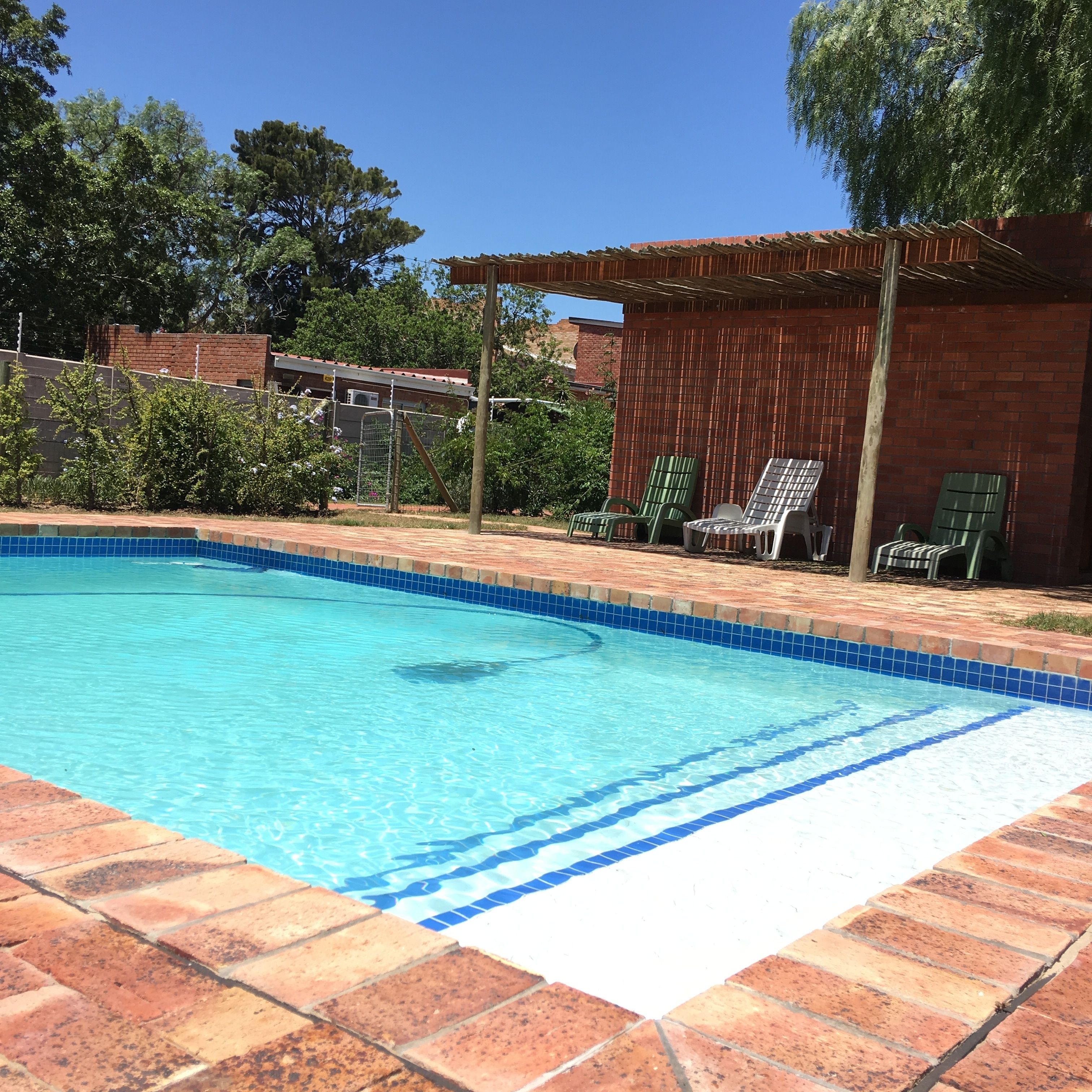 Una piscina con borde de azulejos y contorno de ladrillo.