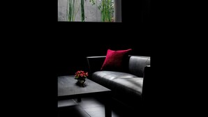 Een donkere kamer met een zwarte leren bank, een tafeltje met een bloevas en een raam met planten.