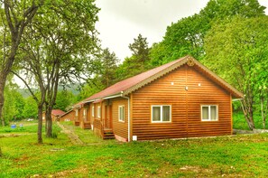 Una cabaña de madera con techo inclinado, rodeada de abundante vegetación y árboles.