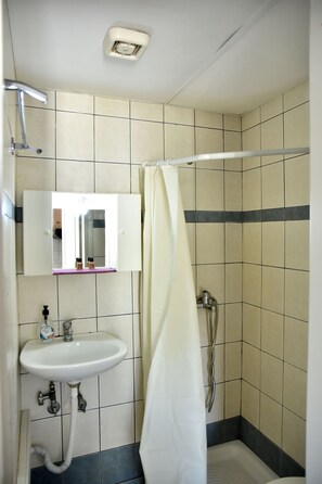 Appartement, 1 chambre | Salle de bain | Douche, sèche-cheveux, serviettes fournies, savon