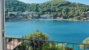 Vista costera con balcón que domina un mar turquesa, una ladera verde y una hilera de edificios blancos.