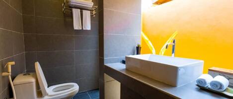 A modern bathroom with a toilet, a sink, and a shower area.