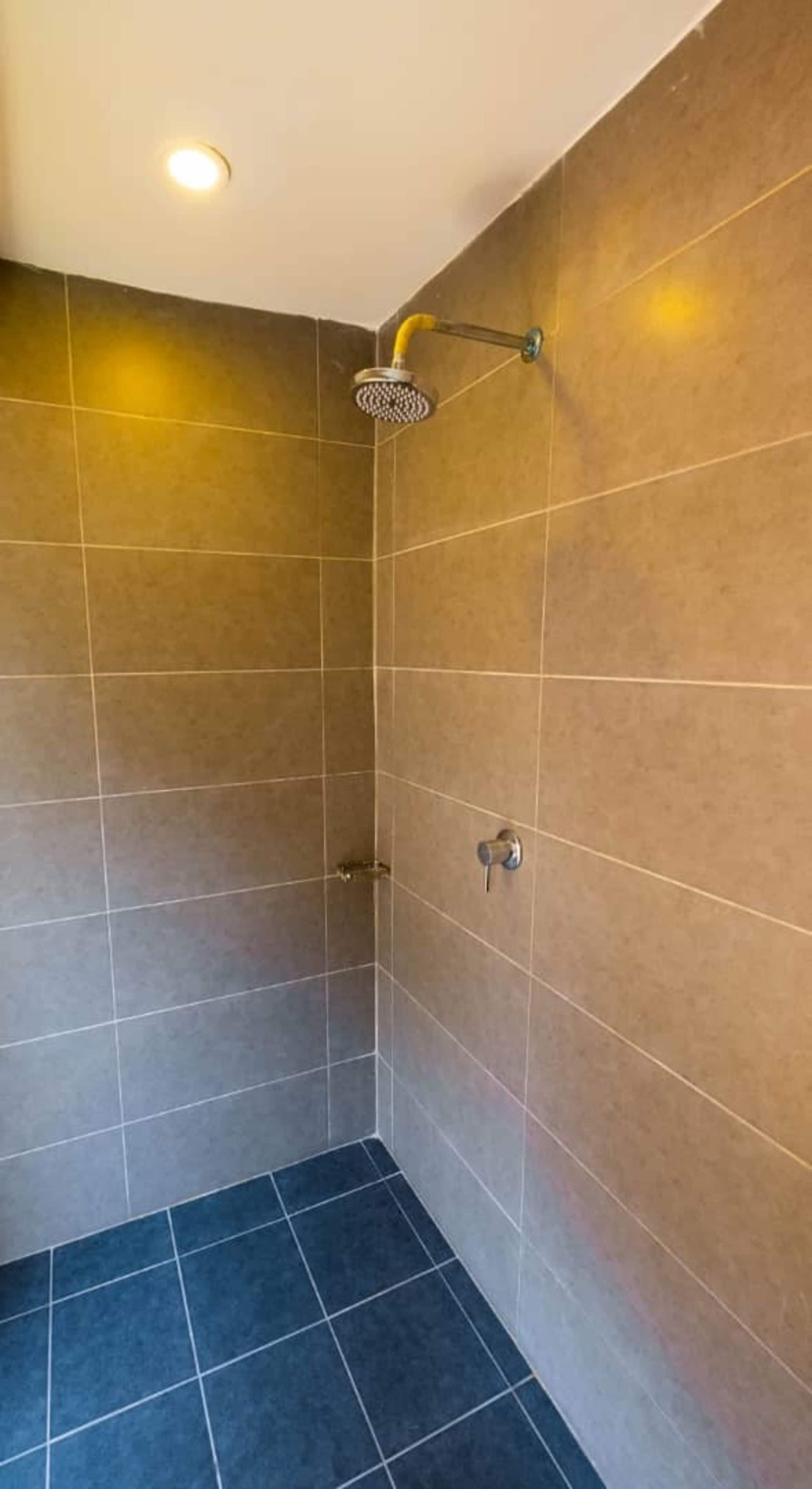 A small, enclosed shower area with a showerhead, a door, and a tiled floor.