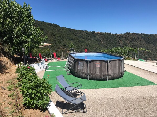 A swimming pool with a ladder, surrounded by a green lawn and red chairs. - B&B Gàttina (Naso)