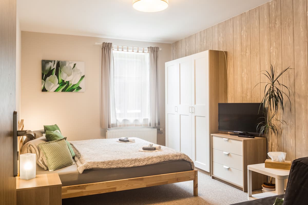 A bedroom with a bed, a TV, a wardrobe, a window with curtains, and a painting on the wall.