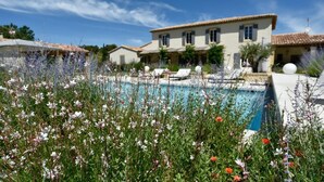 Vista a la piscina de una villa, rodeada de exuberante vegetación y plantas con flores.