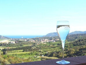 A glass of white wine on a ledge with a scenic view of a coastal landscape.