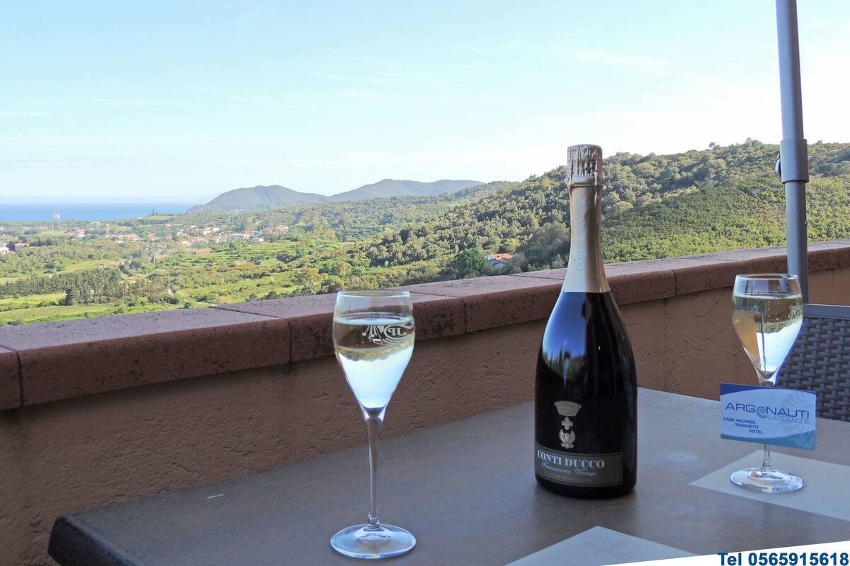A bottle of Conti Ducco wine and two glasses on a balcony with a scenic view of a coastal landscape.