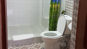 Shower, hair dryer, towels, soap