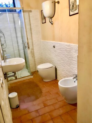 Shower, bidet, towels, soap