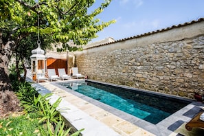 Une piscine aux murs en pierre et au bord recouvert de carrelage, entourée de verdure et d’un arbre.