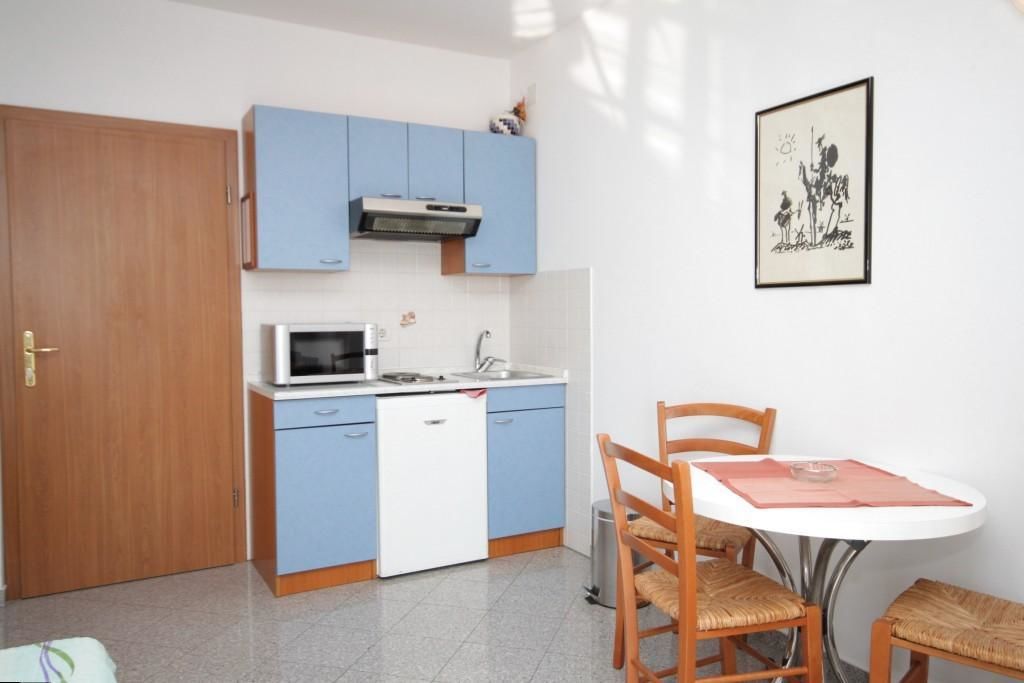 A compact kitchen with blue cabinets, a microwave, and a sink. There is a dining table with two chairs and a framed picture on the wall.