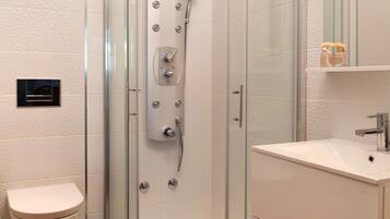 A modern bathroom with a glass-enclosed shower, a toilet, and a sink with a mirror above.