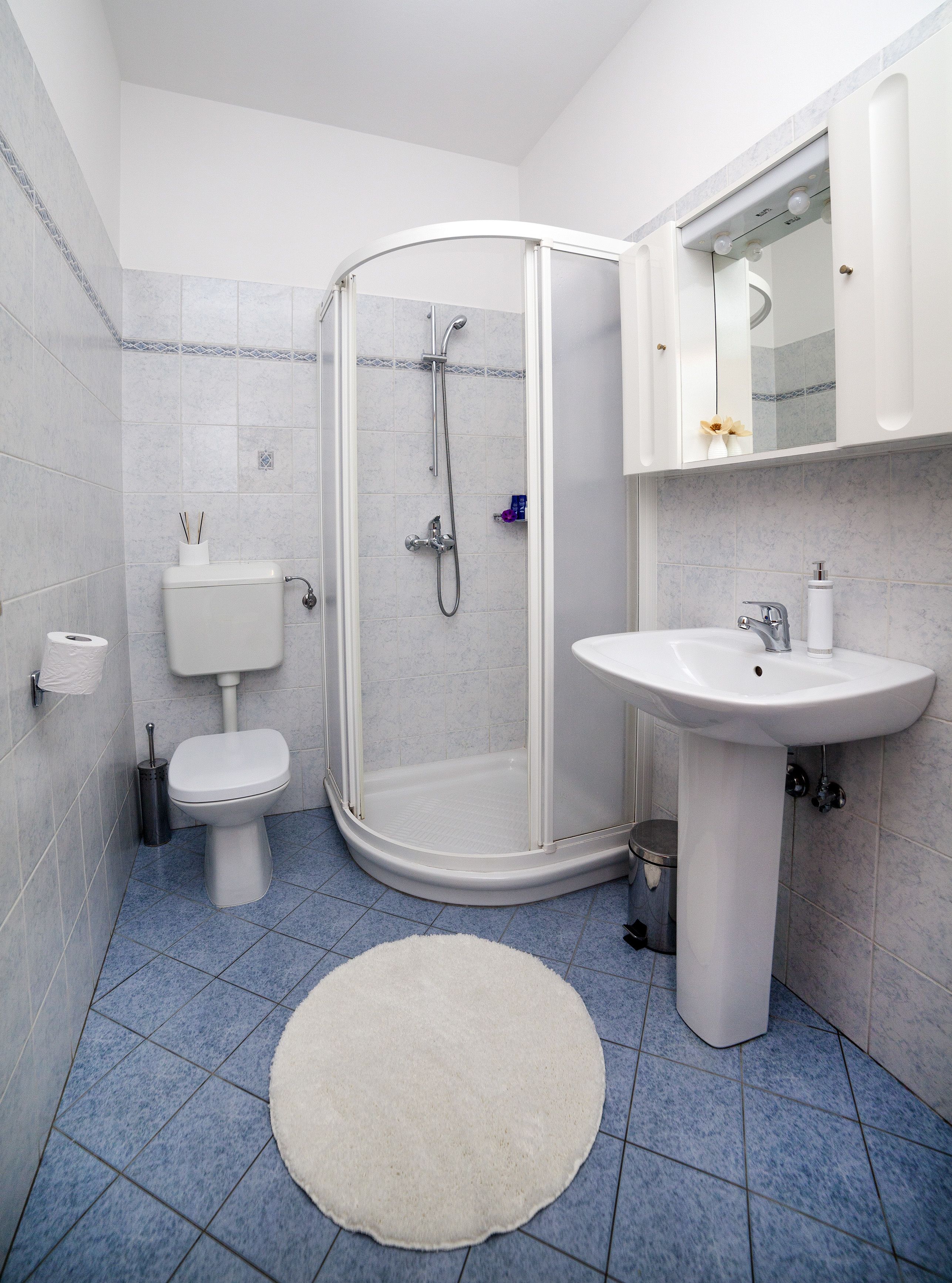 A bathroom with a shower, toilet, sink, and a white rug on the floor.