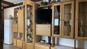 Een houten kast met glazen deuren, gevuld met decoratieve objecten en een televisietoestel.