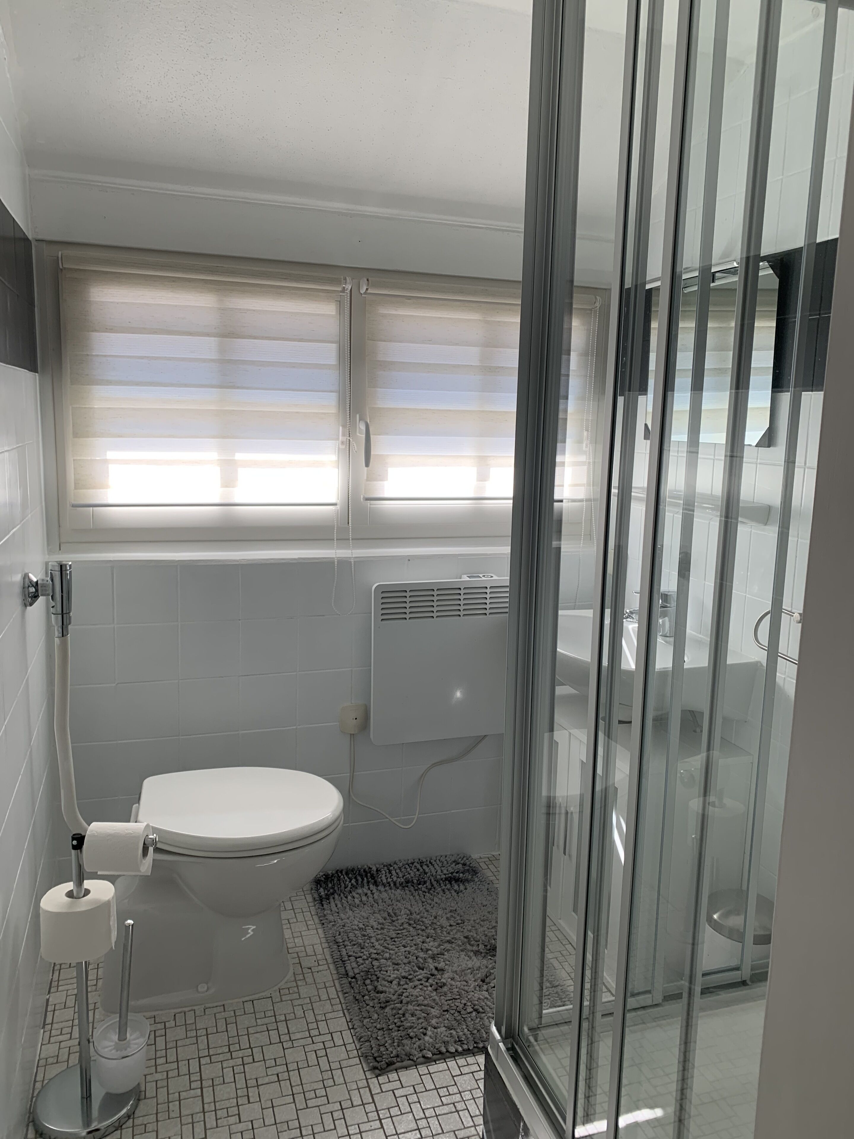 Un baño moderno con inodoro, ducha y zona de ducha con mampara de vidrio.