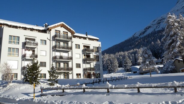 Un hotel de varios pisos con balcones, rodeado de árboles cubiertos de nieve y una montaña.