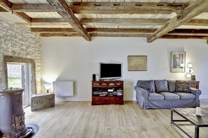 Télévision, cheminée, lecteur de DVD, vidéothèque