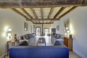 Télévision, cheminée, lecteur de DVD, vidéothèque