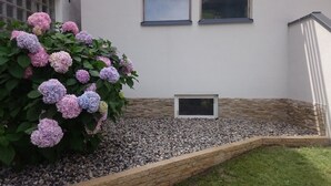 A garden with hydrangea bushes and a small window. - Garni Nill (Schwendau)