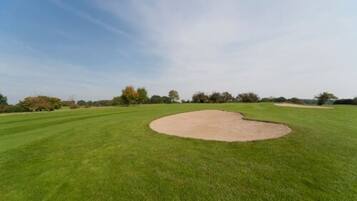 Un campo de golf con un green impecable, búnkeres de arena y árboles al fondo.