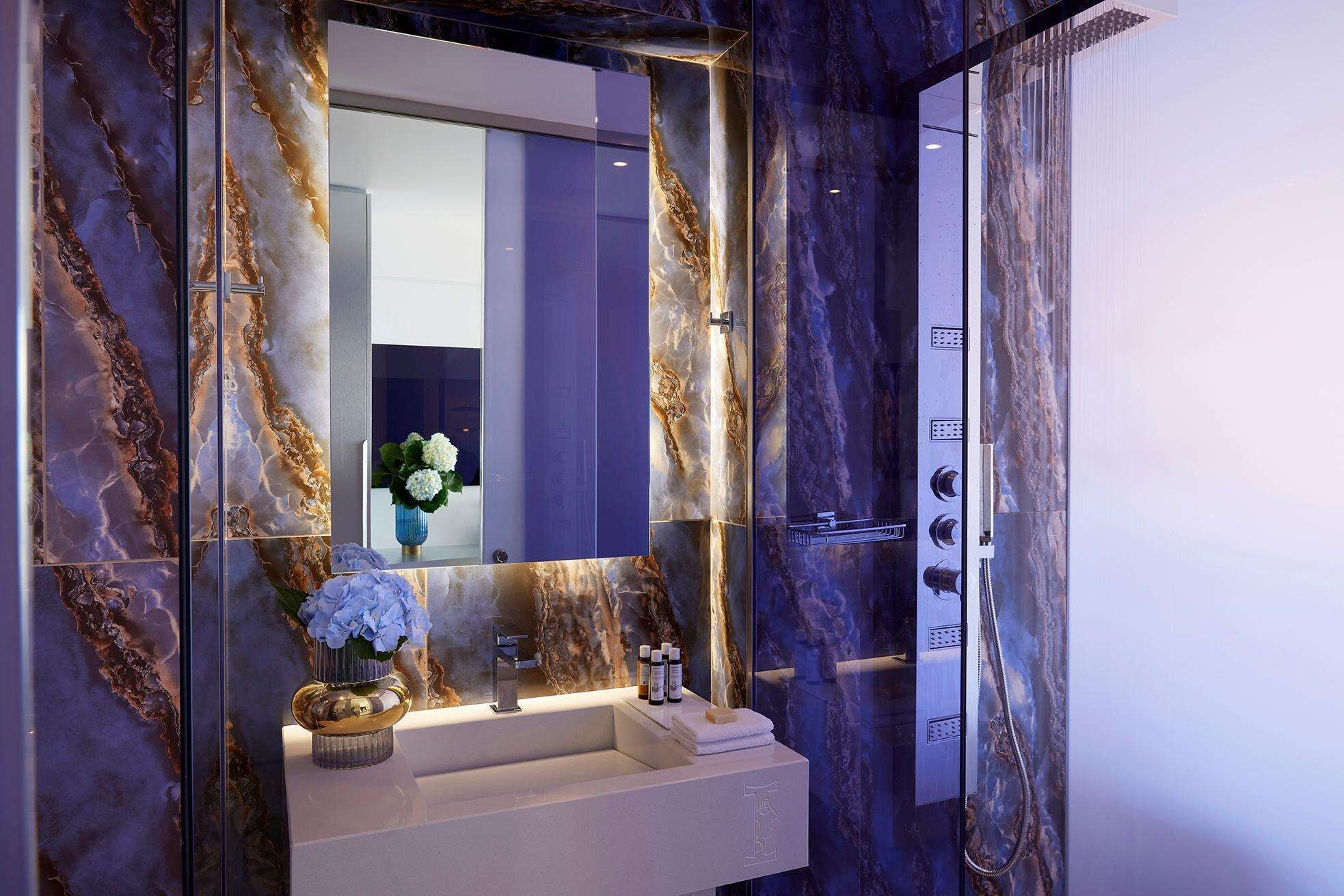 silver double land view | bathroom | designer toiletries, hair dryer, bathrobes, slippers