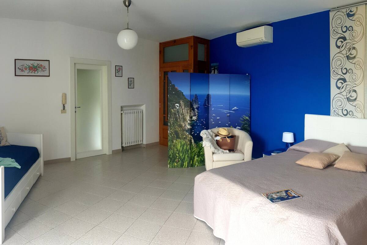 A bedroom with a bed, a chair, a radiator, and a door.