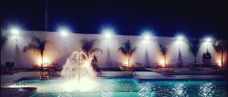 Outdoor pool, pool umbrellas, pool loungers
